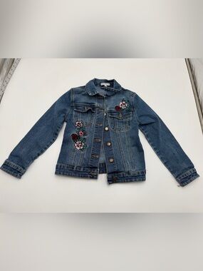 Nowadays Girls Denim Jacket Medium Blue Floral Embroidered Button Front Jean